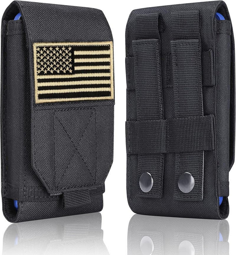 Heyqie Black Tactical Molle Cellphone Pouch Case,Heavy Duty Waterproof Phone Holster Bag for iPhone 11 12 13 Pro Max for Samsung S22 S21 S20 FE Note 20 A02S Less 6.7" Phone with 2 Pack US Flag Patch - Image 2